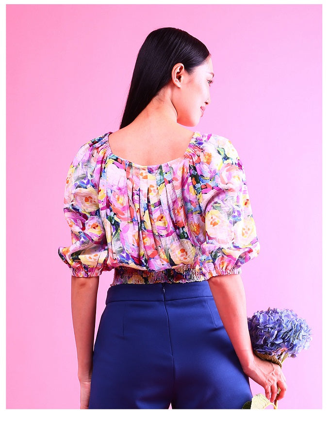 6286B - Wide Neck Pleated Blouse L/S