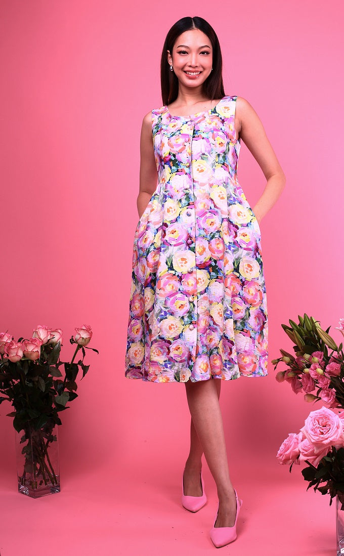 6291D - Trapeze Square Neck Dress with Floral Printing