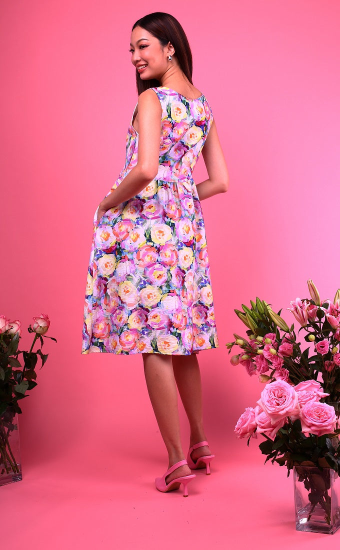 6291D - Trapeze Square Neck Dress with Floral Printing