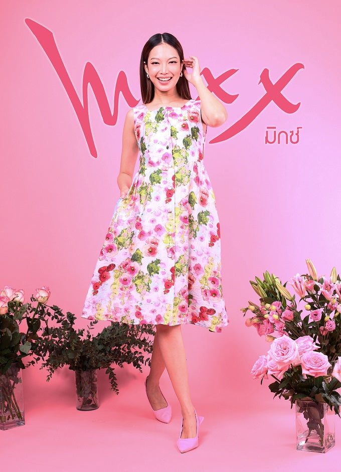 6291D - Trapeze Square Neck Dress with Floral Printing