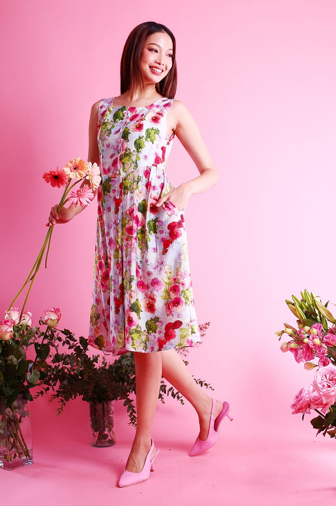 6291D - Trapeze Square Neck Dress with Floral Printing