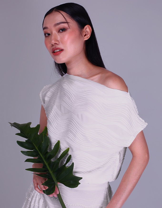 6293B - Wide Neck Butterfly Sleeves Embossing Blouse