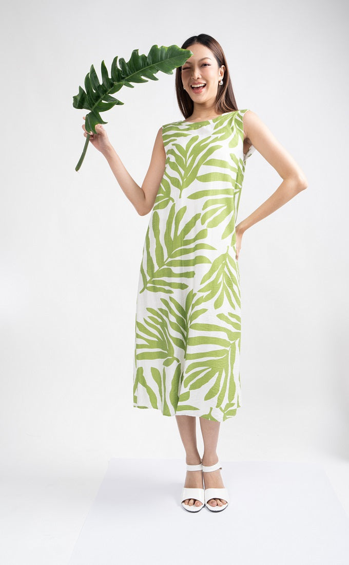 6295D - Green Palm Leaves Printed Round Neck Shift Dress