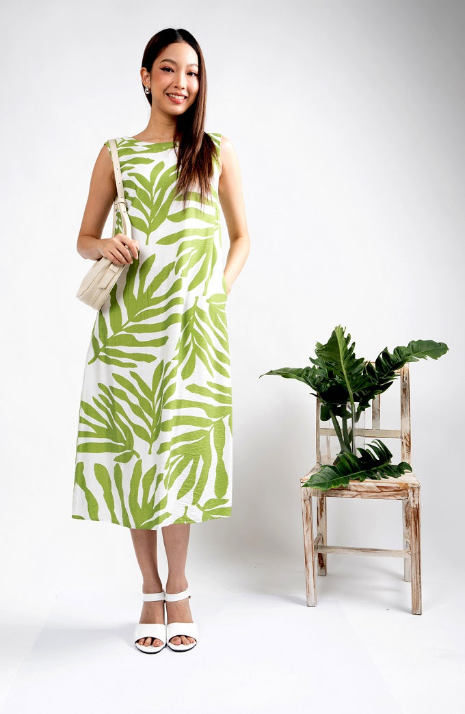 6295D - Green Palm Leaves Printed Round Neck Shift Dress