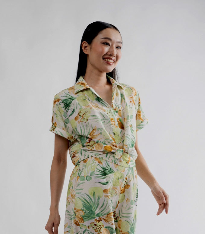 6298B - Crop Shirt Short Sleeves with Palm Leaves Printing