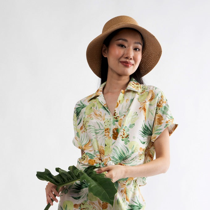 6298B - Crop Shirt Short Sleeves with Palm Leaves Printing