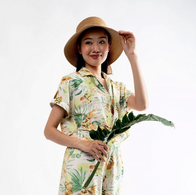 6298B - Crop Shirt Short Sleeves with Palm Leaves Printing