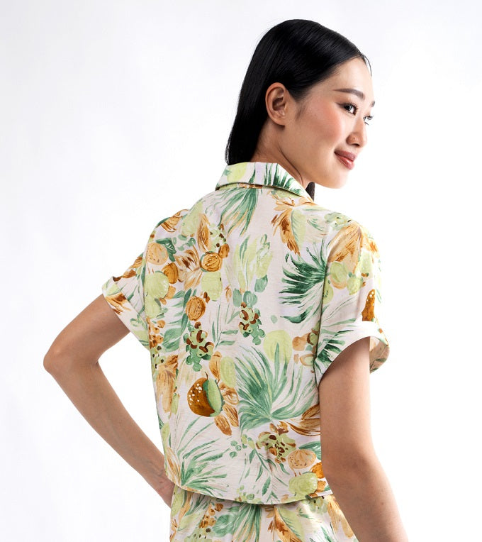 6298B - Crop Shirt Short Sleeves with Palm Leaves Printing