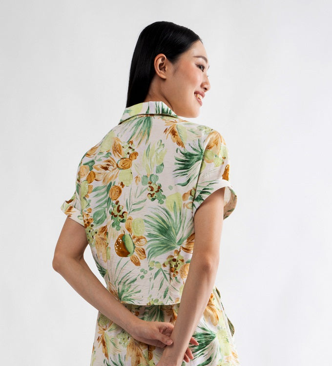 6298B - Crop Shirt Short Sleeves with Palm Leaves Printing