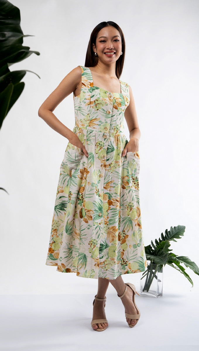 6299D - Sleeveless Square Neck Sun Dress with Palm leaves Printing