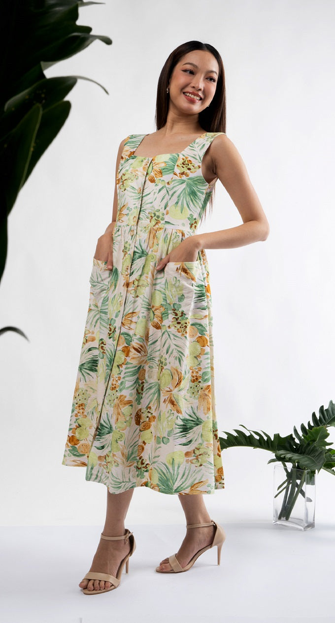 6299D - Sleeveless Square Neck Sun Dress with Palm leaves Printing