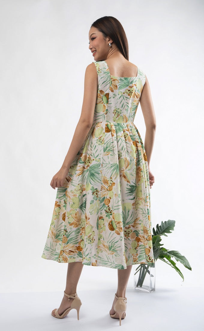 6299D - Sleeveless Square Neck Sun Dress with Palm leaves Printing