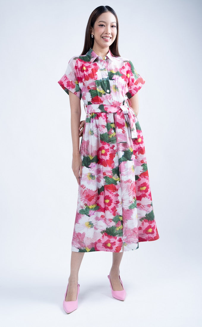 6305D - Quitting Sleeves Shirt Blossom Midi Dress