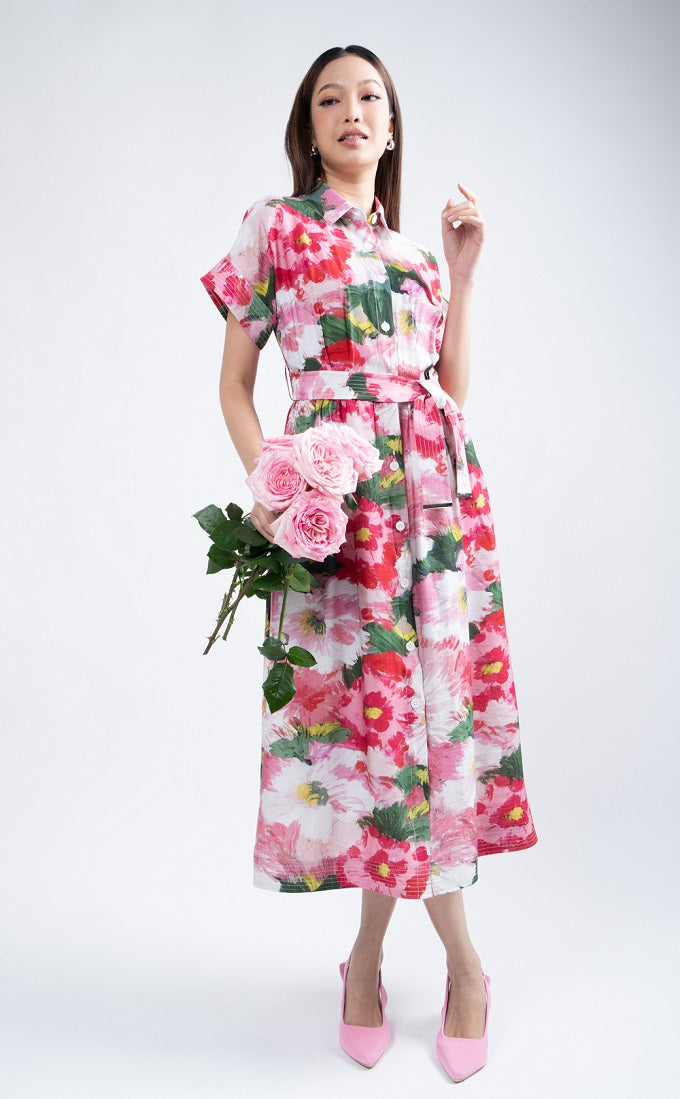 6305D - Quitting Sleeves Shirt Blossom Midi Dress