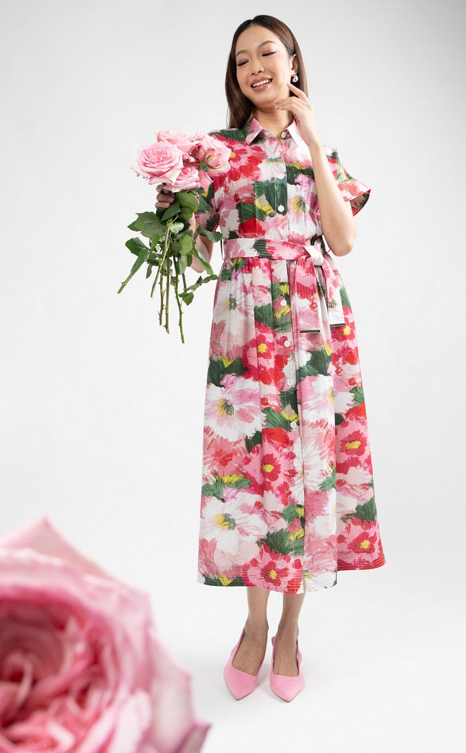 6305D - Quitting Sleeves Shirt Blossom Midi Dress