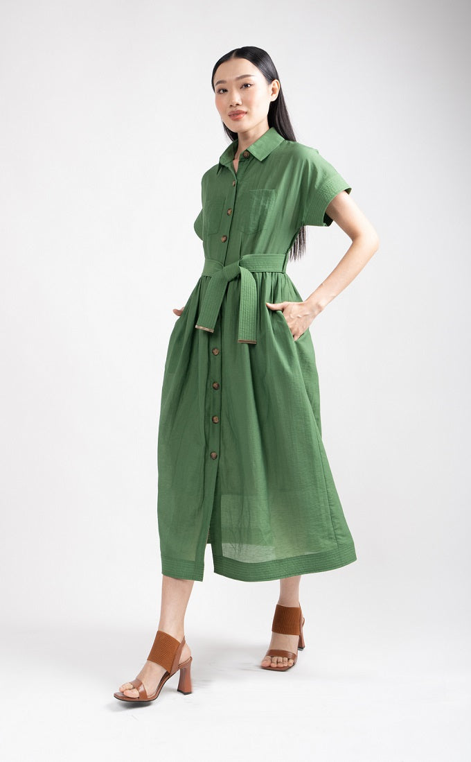 6306D - Quitting Sleeves Shirt Solid Midi Dress