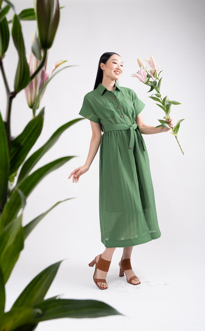 6306D - Quitting Sleeves Shirt Solid Midi Dress