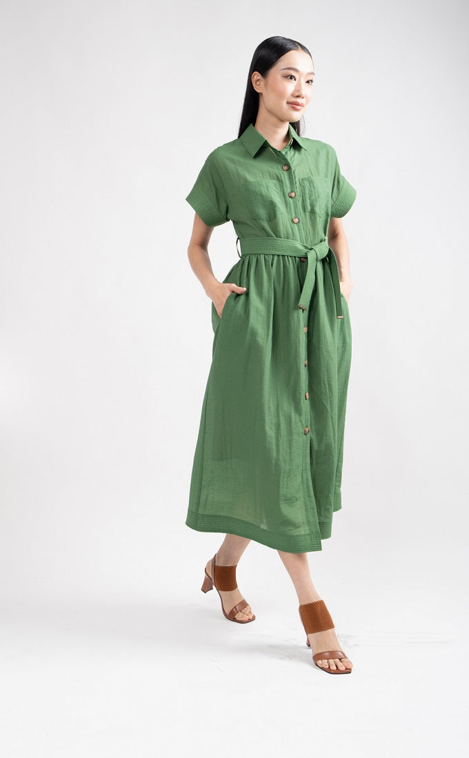 6306D - Quitting Sleeves Shirt Solid Midi Dress