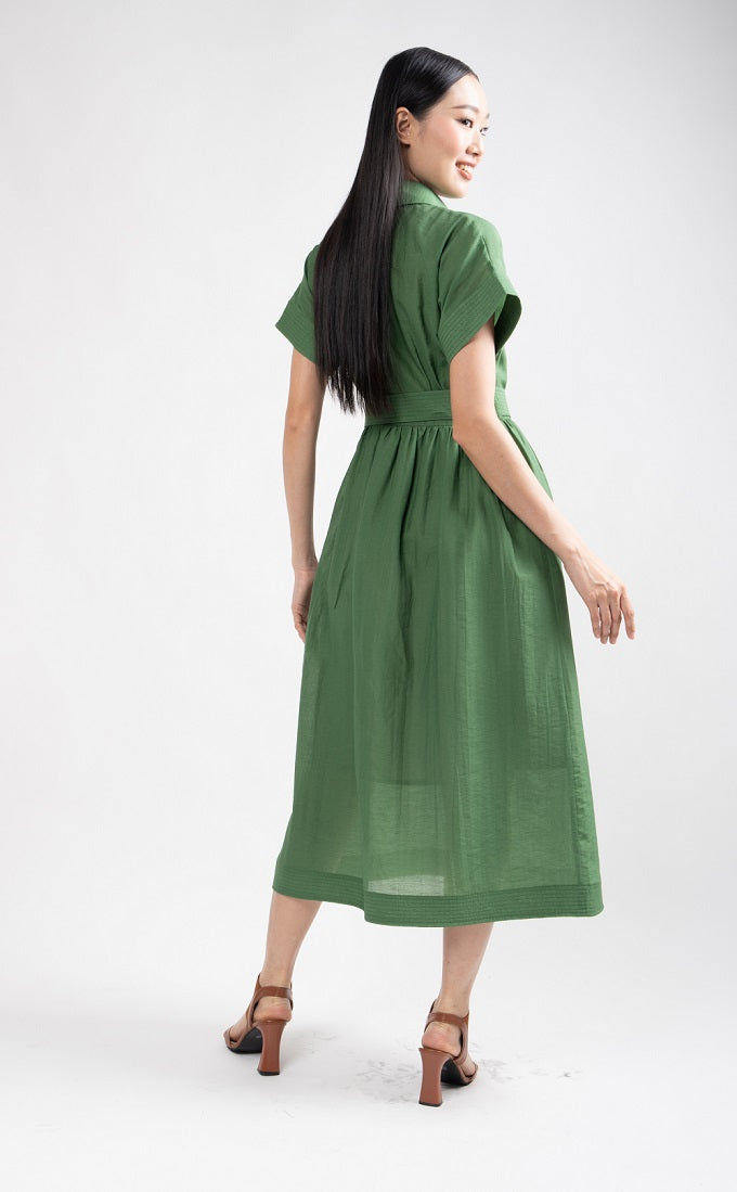6306D - Quitting Sleeves Shirt Solid Midi Dress