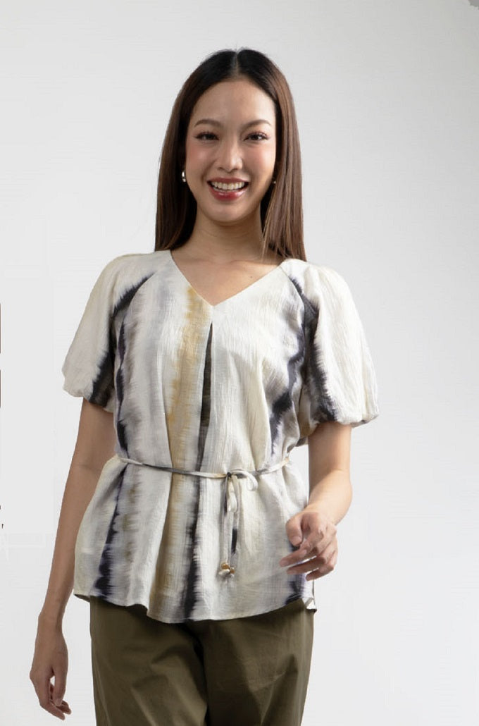6311B - Raglan Shoulder & Puffed Sleeves V-Neck Blouse