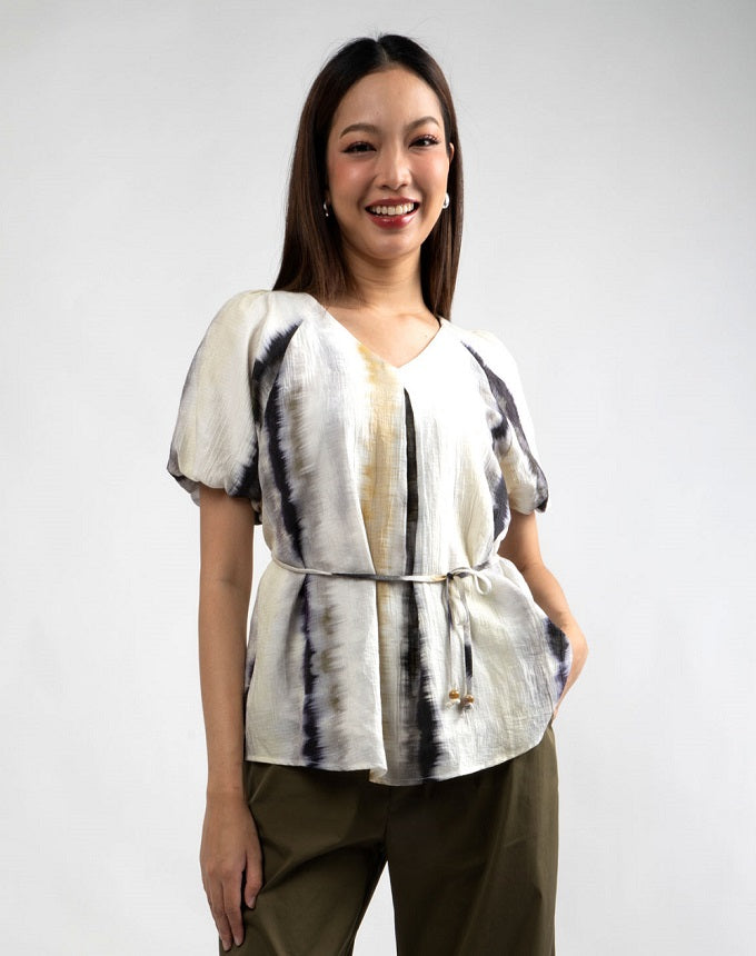 6311B - Raglan Shoulder & Puffed Sleeves V-Neck Blouse
