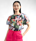 6317B - Round Neck Blouse Puffed Sleeves Monstera Leaves