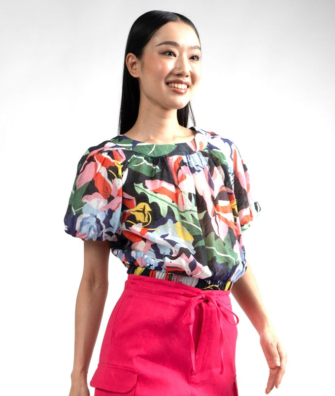 6317B - Round Neck Blouse Puffed Sleeves Monstera Leaves