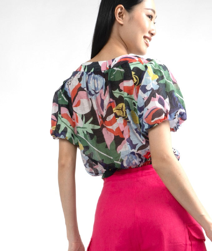6317B - Round Neck Blouse Puffed Sleeves Monstera Leaves