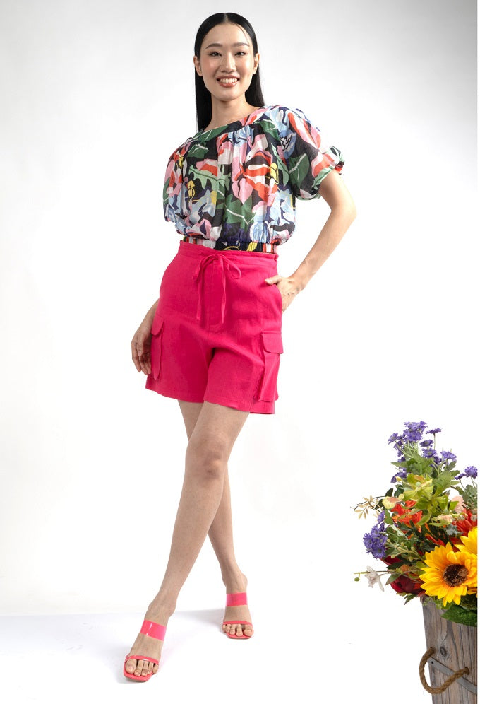 6317B - Round Neck Blouse Puffed Sleeves Monstera Leaves