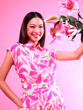 6336B - Crop Shirt Cap Sleeves with Pink Flower Printing