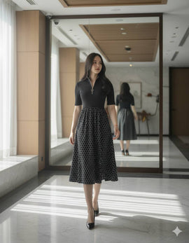 6465D - Stand collar shirt dress with A-Line skirt