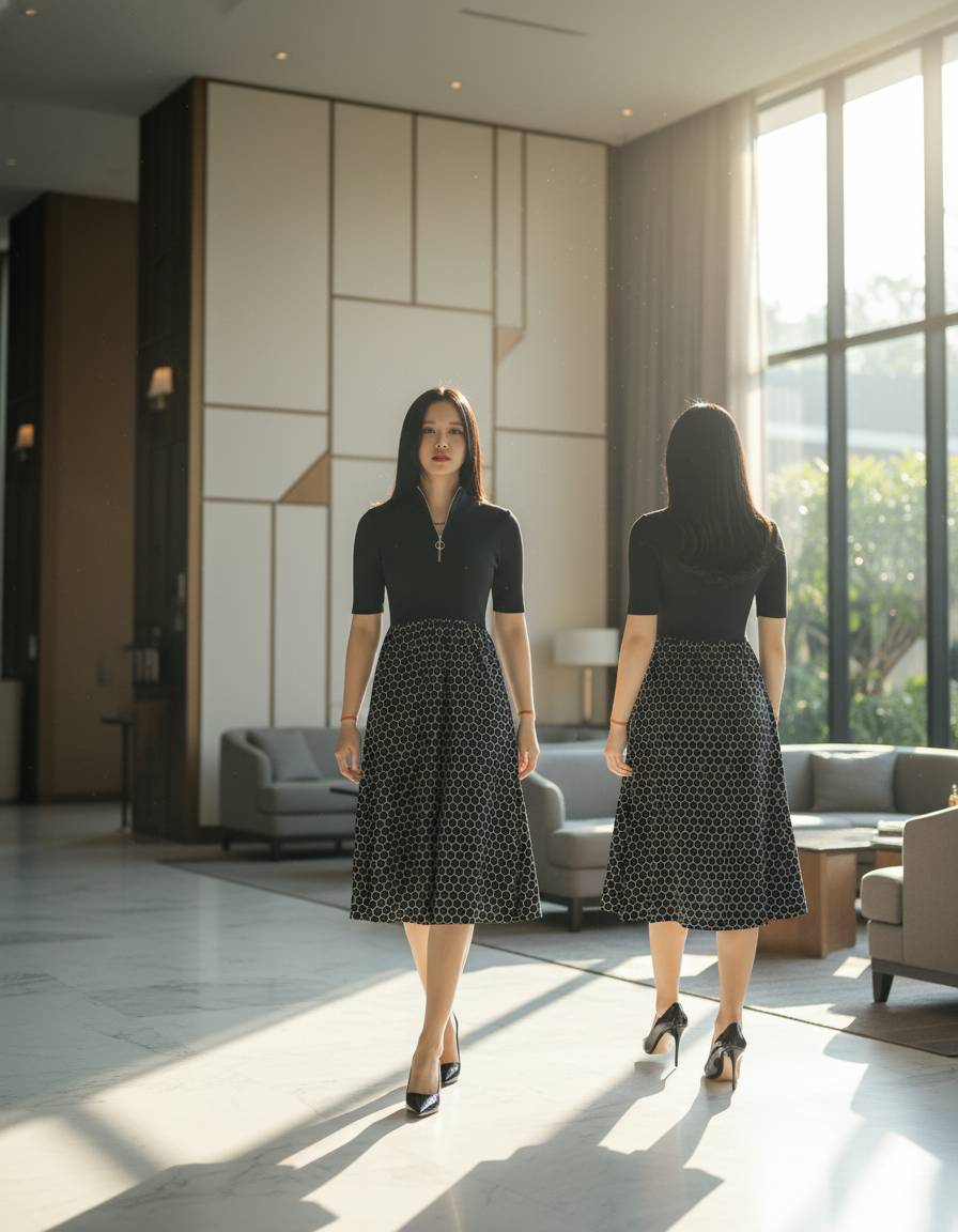 6465D - Stand collar shirt dress with A-Line skirt