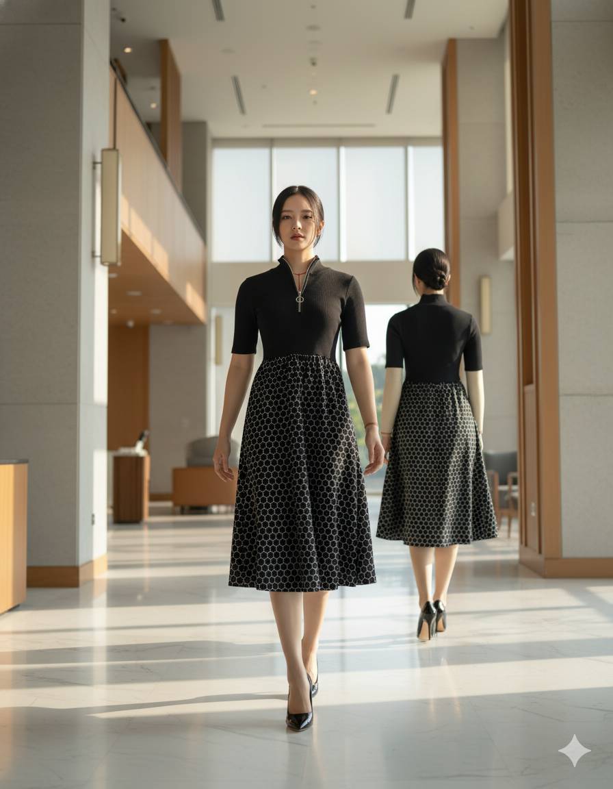 6465D - Stand collar shirt dress with A-Line skirt