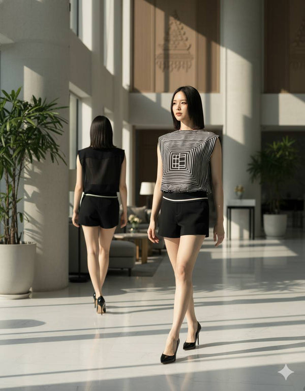 6473B - Wide-Neck Sleeveless Illusion Blouse