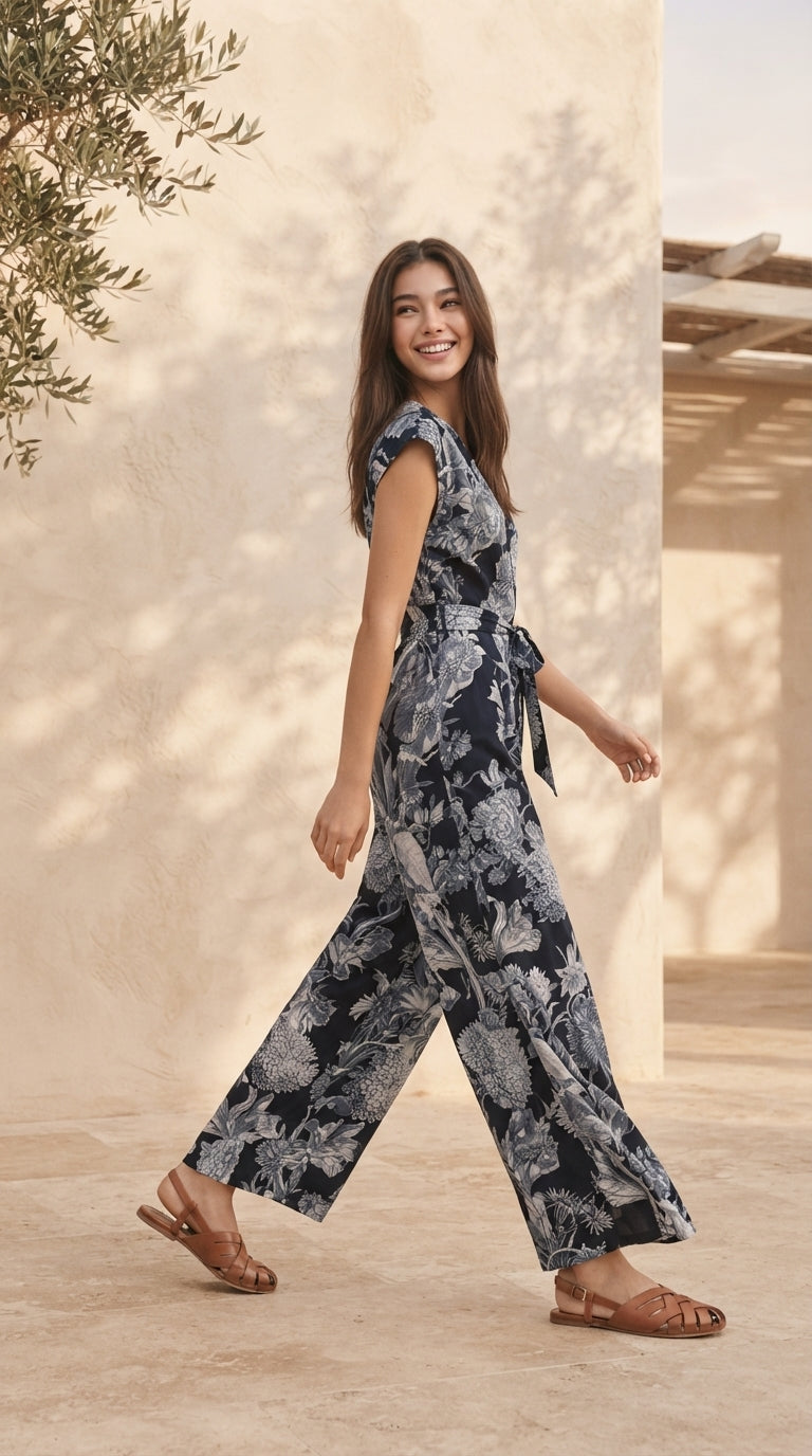 6629P - Vintage Floral V-Neck Wide-Leg Jumpsuit with Waist Tie