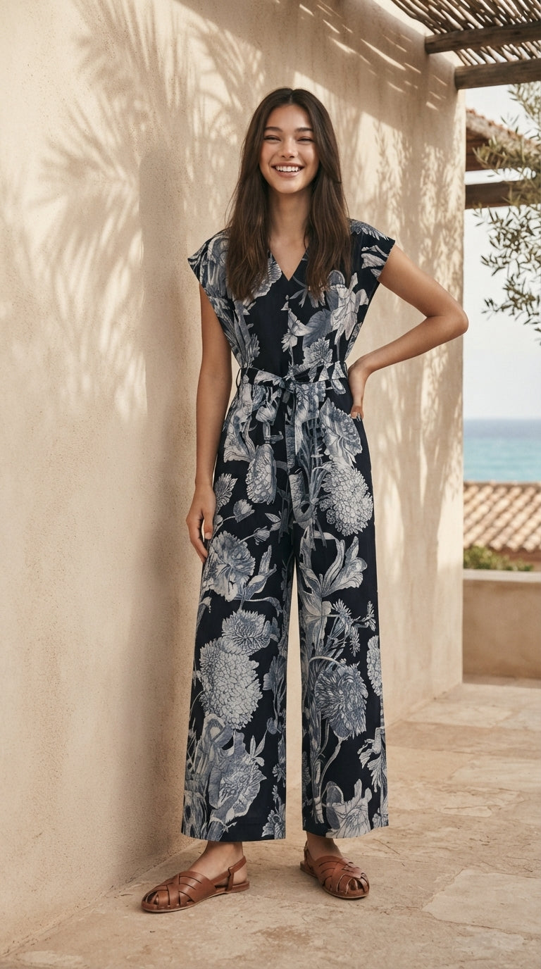 6629P - Vintage Floral V-Neck Wide-Leg Jumpsuit with Waist Tie