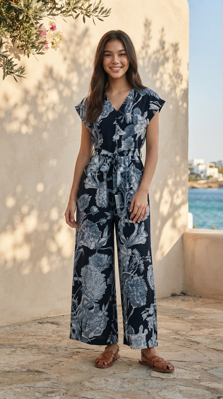 6629P - Vintage Floral V-Neck Wide-Leg Jumpsuit with Waist Tie