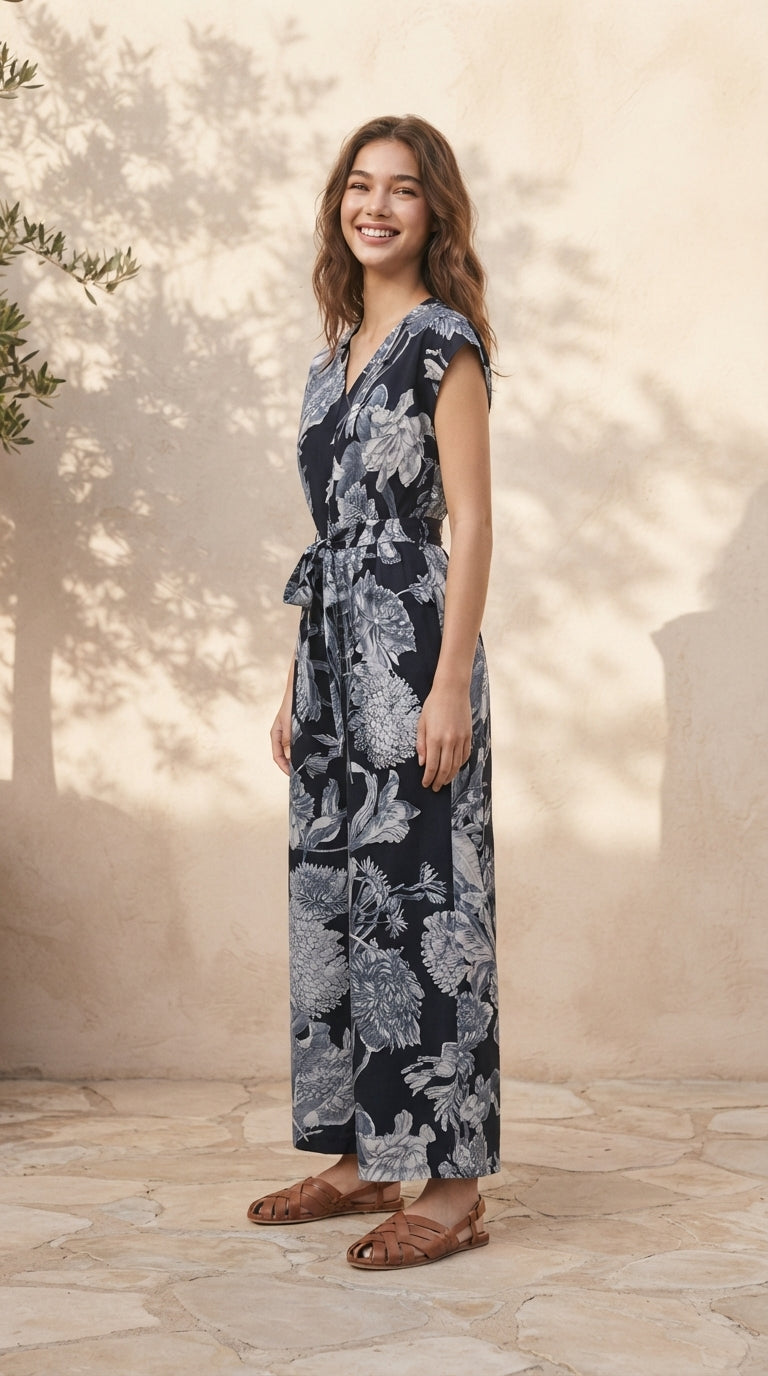 6629P - Vintage Floral V-Neck Wide-Leg Jumpsuit with Waist Tie