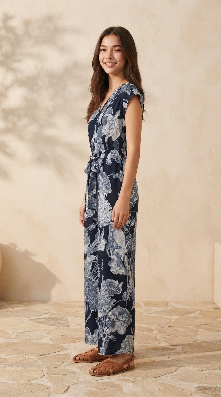 6629P - Vintage Floral V-Neck Wide-Leg Jumpsuit with Waist Tie