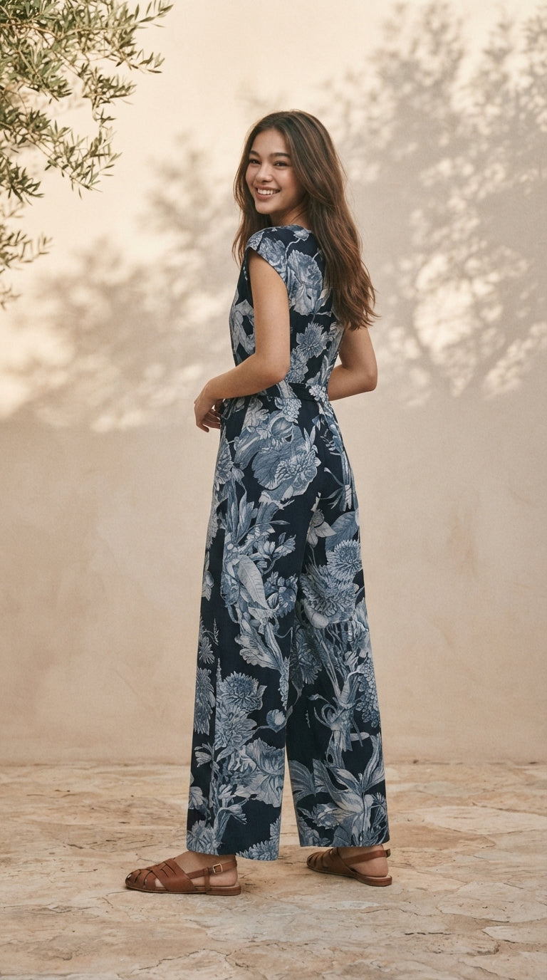 6629P - Vintage Floral V-Neck Wide-Leg Jumpsuit with Waist Tie