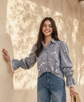 6721B - Women's stripes long sleeves blouse with embroidered frayed details