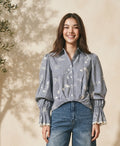 6721B - Women's stripes long sleeves blouse with embroidered frayed details