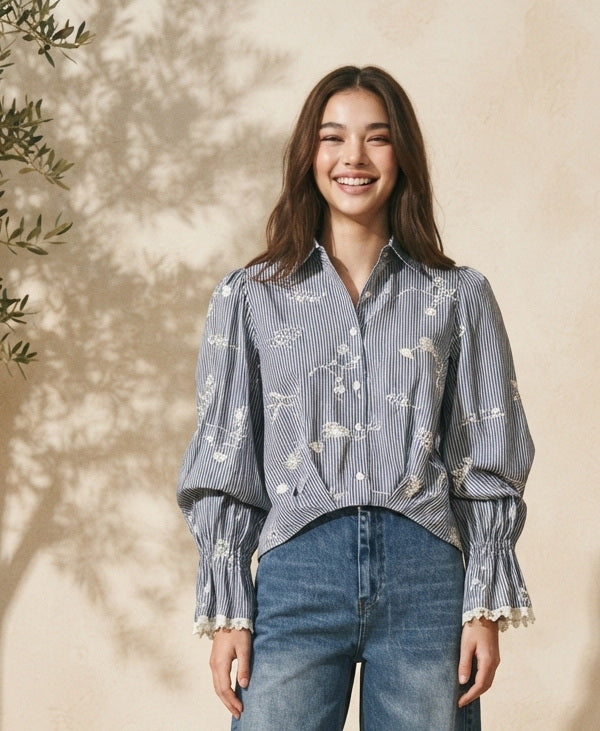 6721B - Women's stripes long sleeves blouse with embroidered frayed details