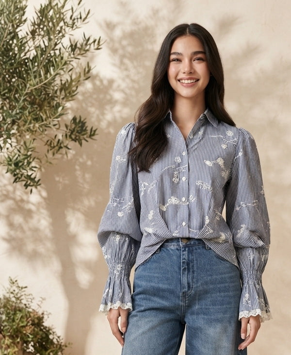 6721B - Women's stripes long sleeves blouse with embroidered frayed details