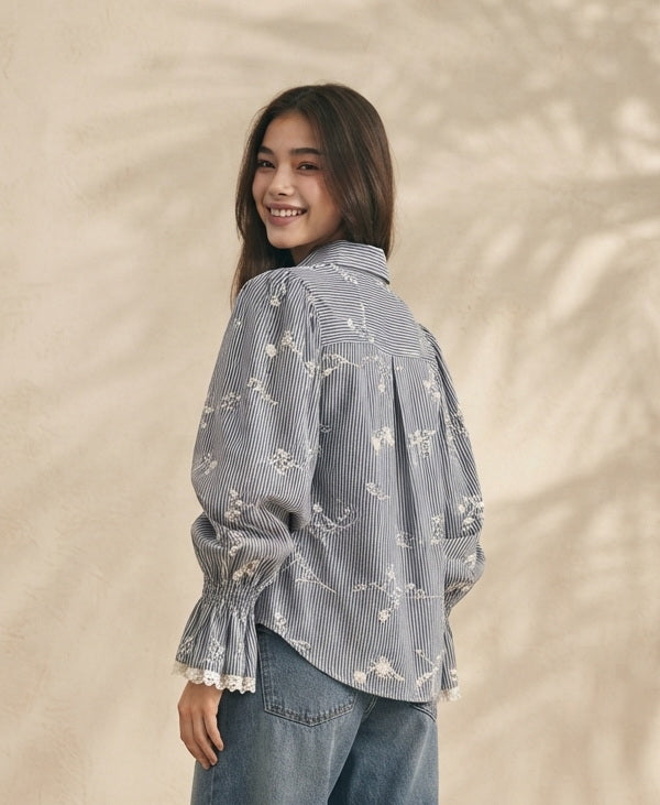 6721B - Women's stripes long sleeves blouse with embroidered frayed details