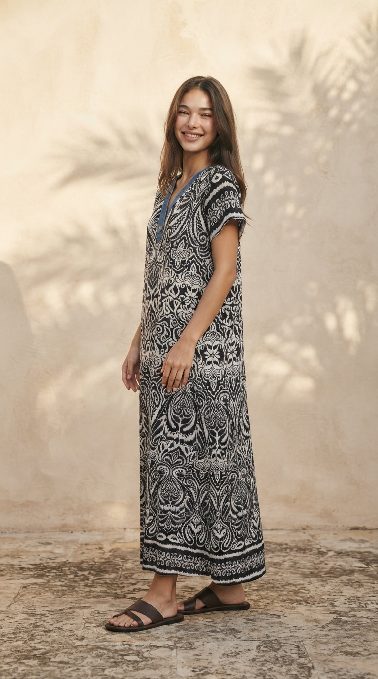 6746D - Boho Ikat Print Split V-Neck Short-Sleeves Maxi Kaftan Dress