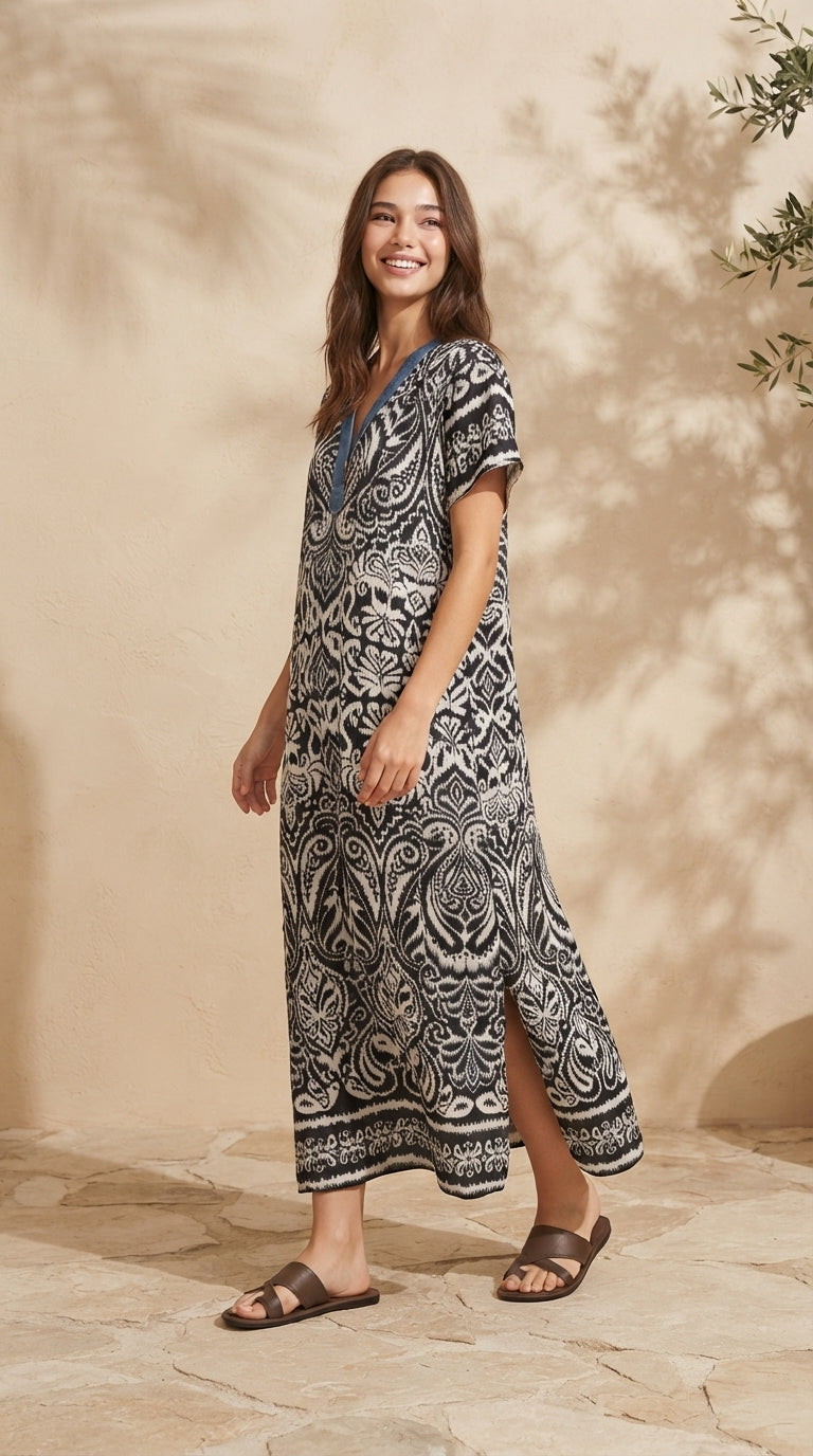 6746D - Boho Ikat Print Split V-Neck Short-Sleeves Maxi Kaftan Dress