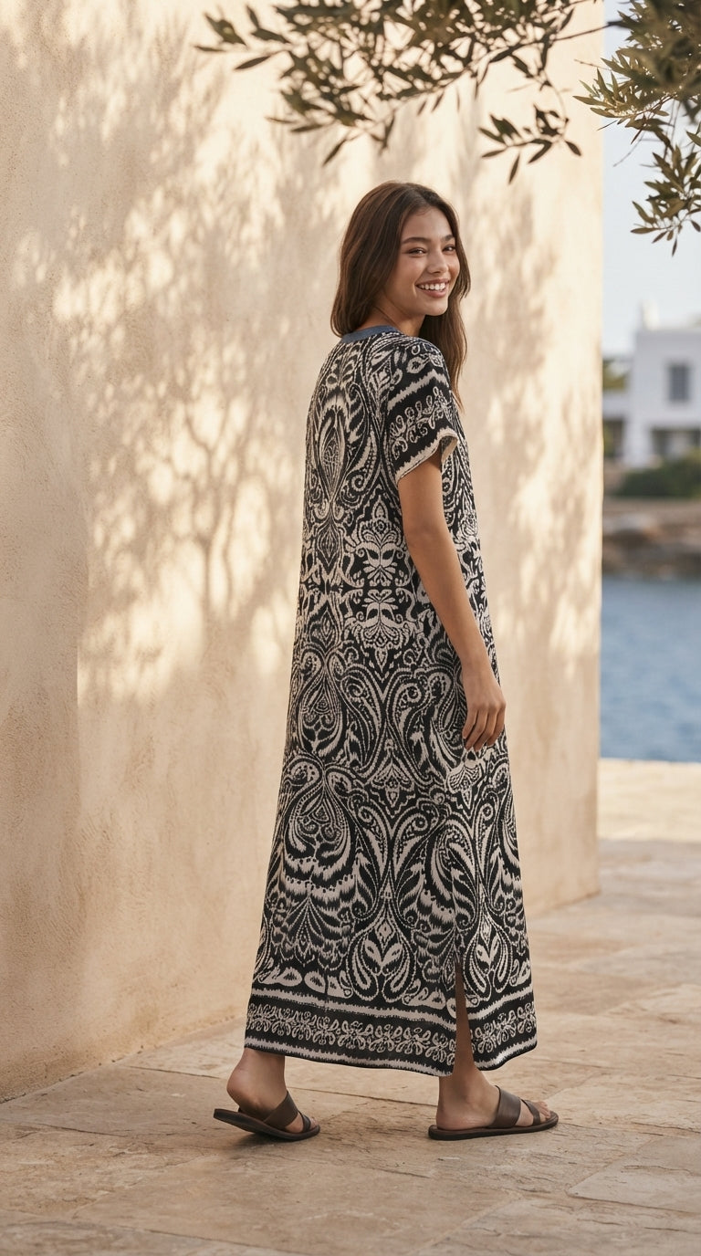 6746D - Boho Ikat Print Split V-Neck Short-Sleeves Maxi Kaftan Dress