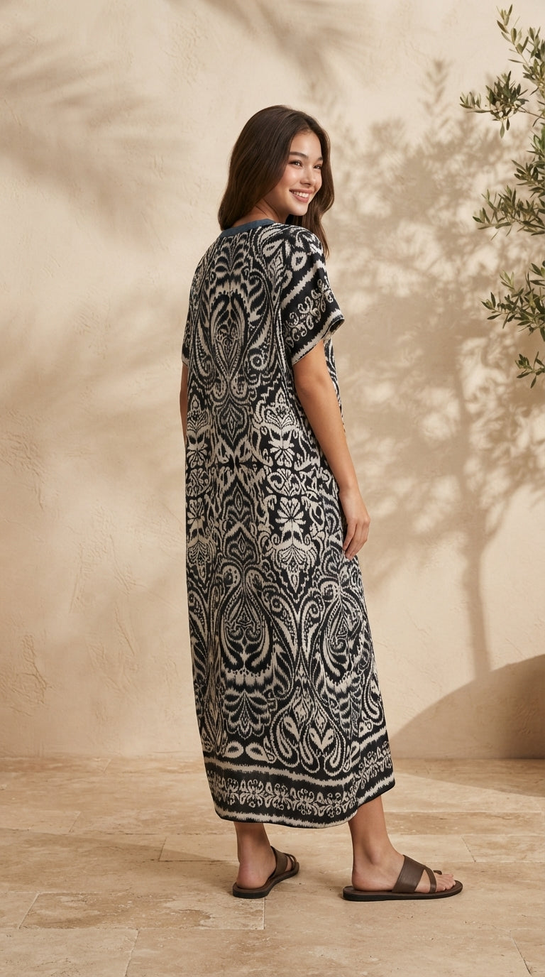 6746D - Boho Ikat Print Split V-Neck Short-Sleeves Maxi Kaftan Dress