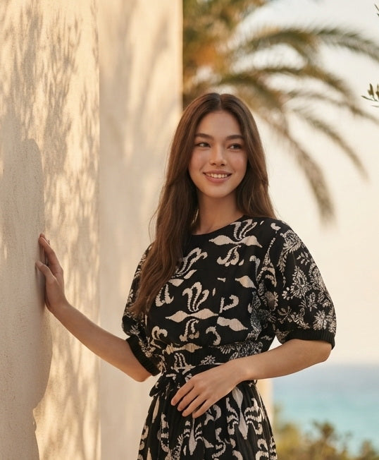 TOP 6793B - Vintage Floral Printed 3/4 Sleeves Round Neck Blouse